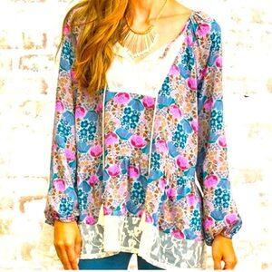 Matilda Jane ‘Sew Perfect’ Floral w/ Lace Trim Peasant BOHO Top Blouse M